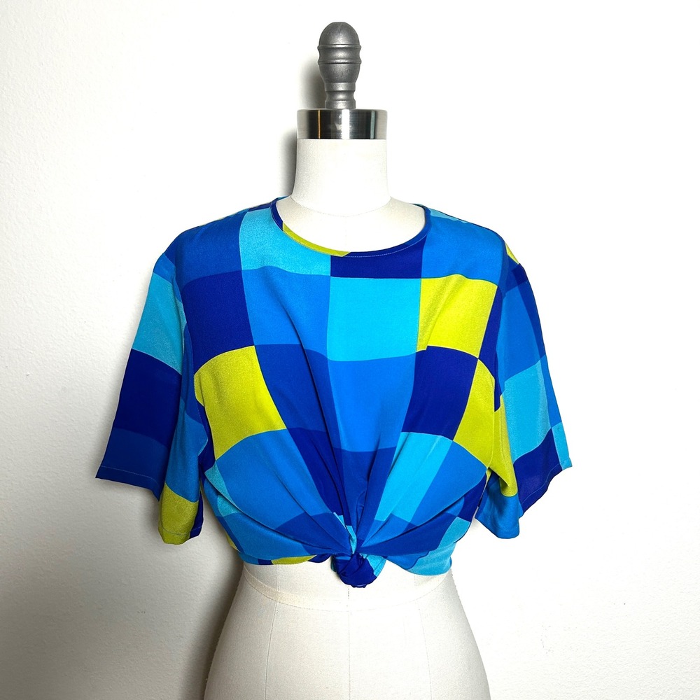 Yves St. Clair Blue Green 100% Silk Colorblock Check Vintage Blouse Women Size L